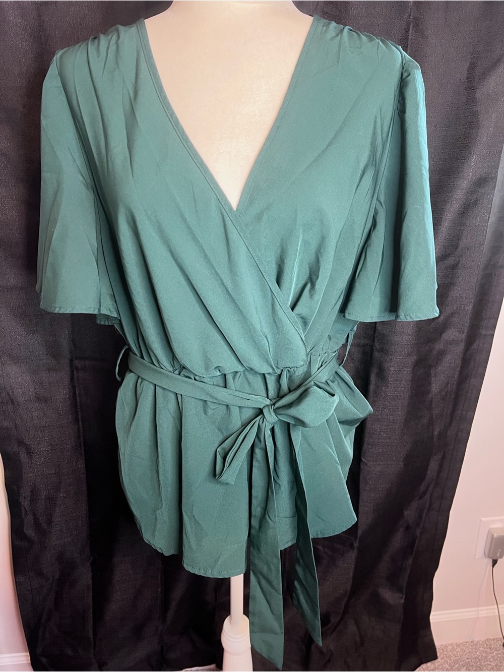 SHEIN Emerald Green Wrap Tie Blouse